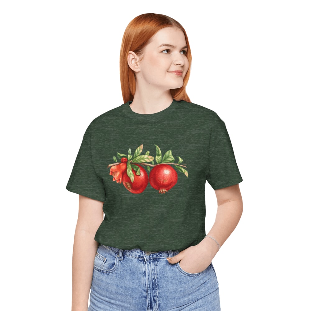 Heather Forest TShirt With Pomegranate Print Unisex Botanical Fruit Tee NatureInspired Green Cott 3