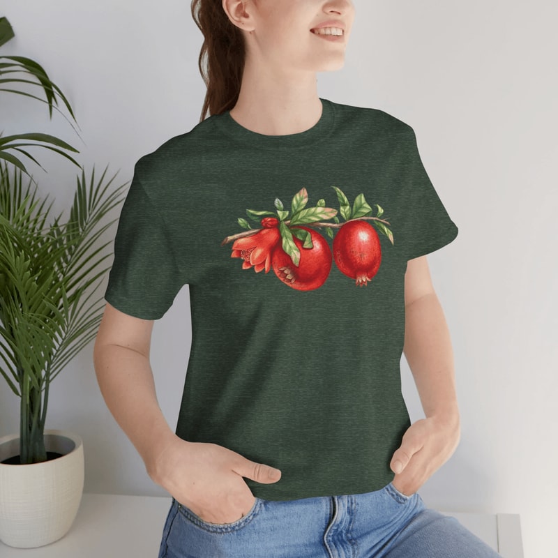 Heather Forest TShirt With Pomegranate Print Unisex Botanical Fruit Tee NatureInspired Green Cott 4