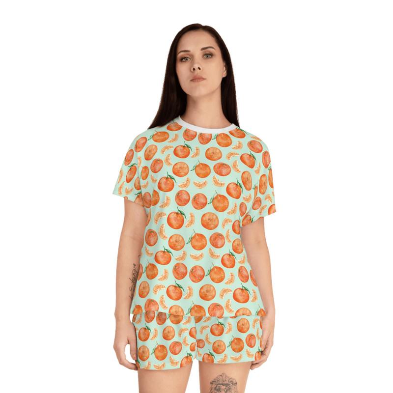 Womens Orange Fruit Print Pajama Set Soft Summer Loungewear With Shorts Cute Sleepwear For Women 0