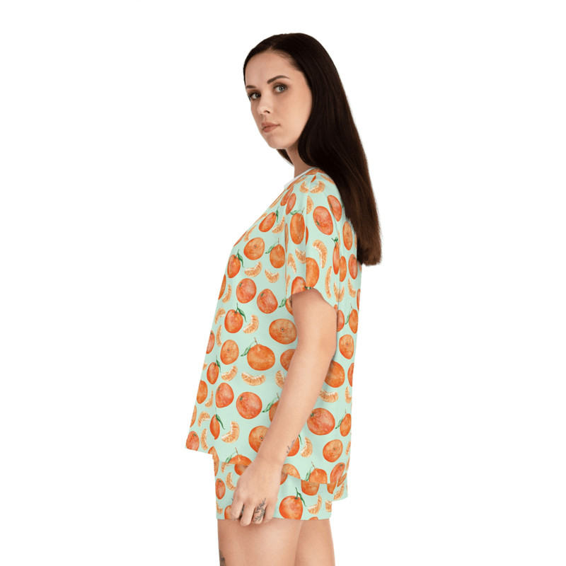 Womens Orange Fruit Print Pajama Set Soft Summer Loungewear With Shorts Cute Sleepwear For Women 3