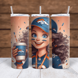 Denver Broncos Cartoon Girl brunette with coffee Sublimation tumbler wrap 300DPI 20oz -30oz straight Wrap  included
