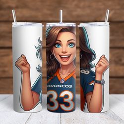 Denver Broncos Cartoon Girl brunette Cheering Sublimation tumbler wrap 300DPI 20oz -30oz straight Wrap  included