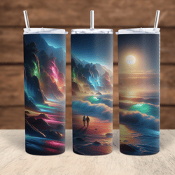 3- Rainbow glowing lights Sunset with couple walking  20oz Sublimation tumbler wraps PNG