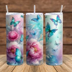 Pink and blue Flowers and Butterflies 20oz Straight, 20oz Tapered, 30oz Straight Sublimation Tumbler wrap