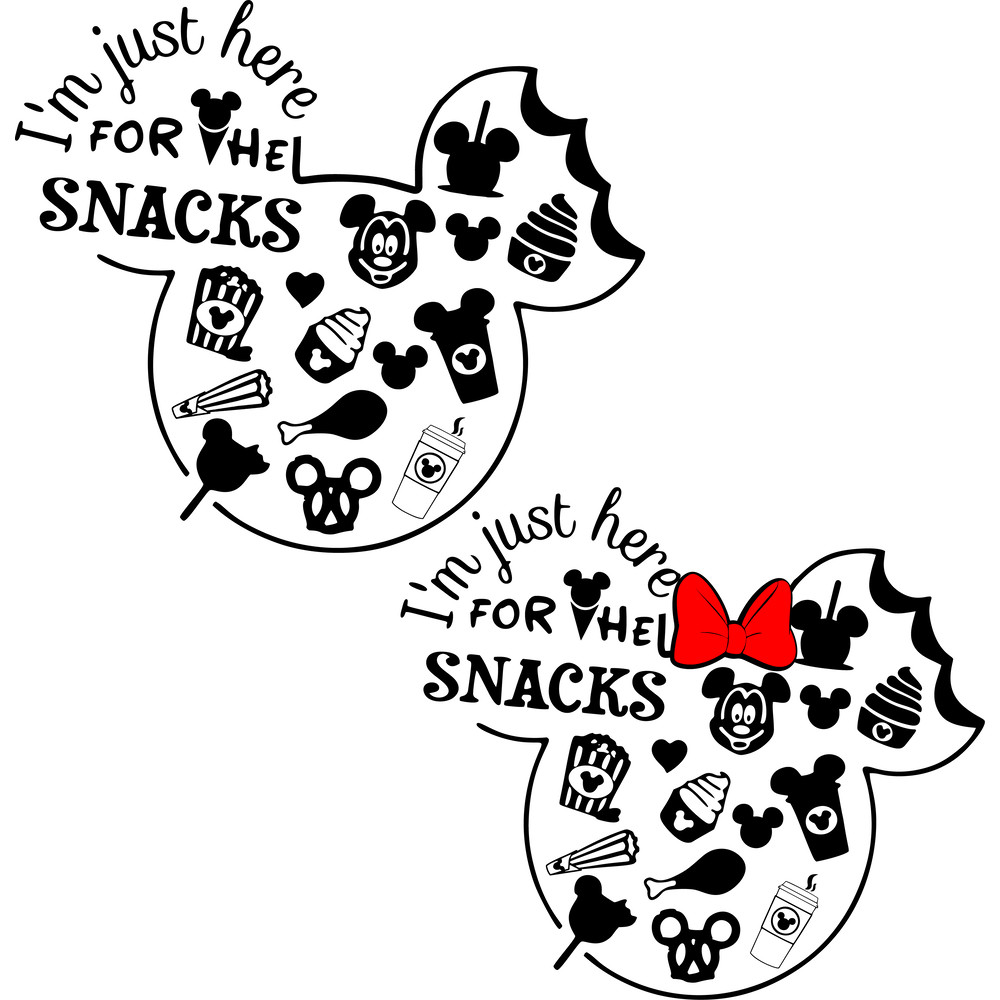 Disney Mickey Mouse And Minnie Mouse Shaped Head With Snacks Im Just Here For The Snacks PNG SVG 0