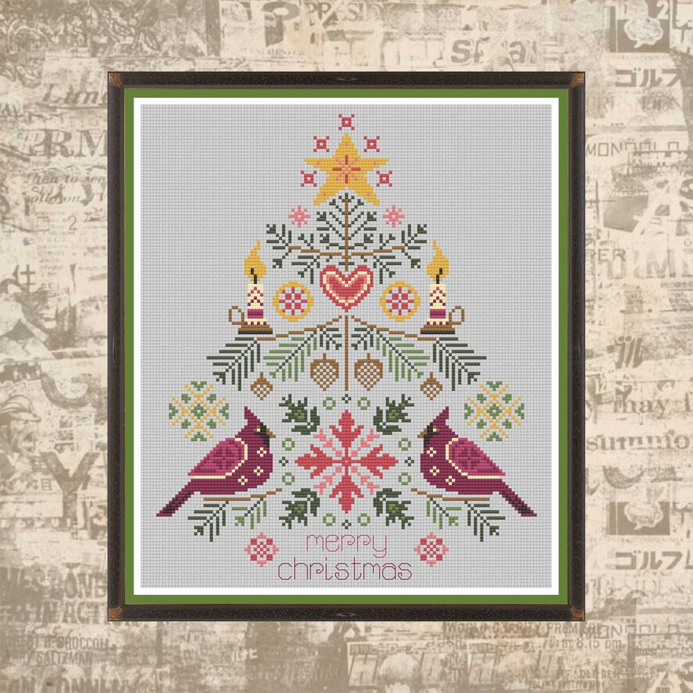 Cross Stitch Pattern Christmas Tree With Cardinals Simple Ornament PDF Instant Download 0