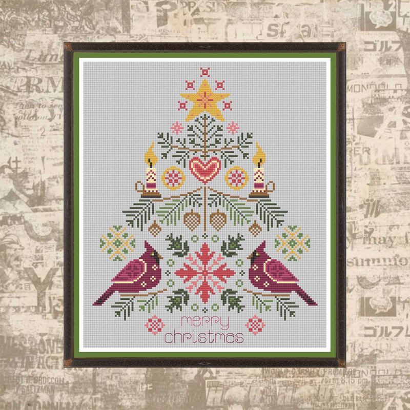 Cross Stitch Pattern Christmas Tree With Cardinals Simple Ornament PDF Instant Download 0