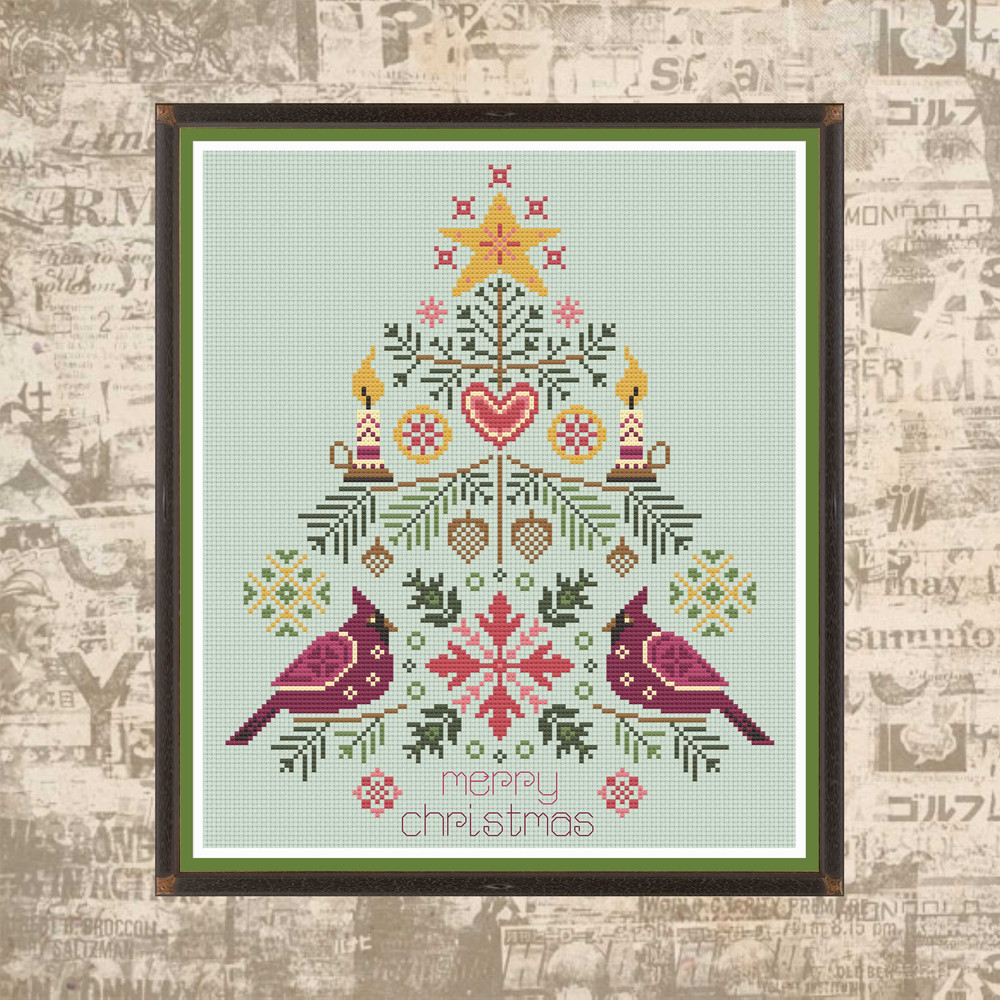Cross Stitch Pattern Christmas Tree With Cardinals Simple Ornament PDF Instant Download 1