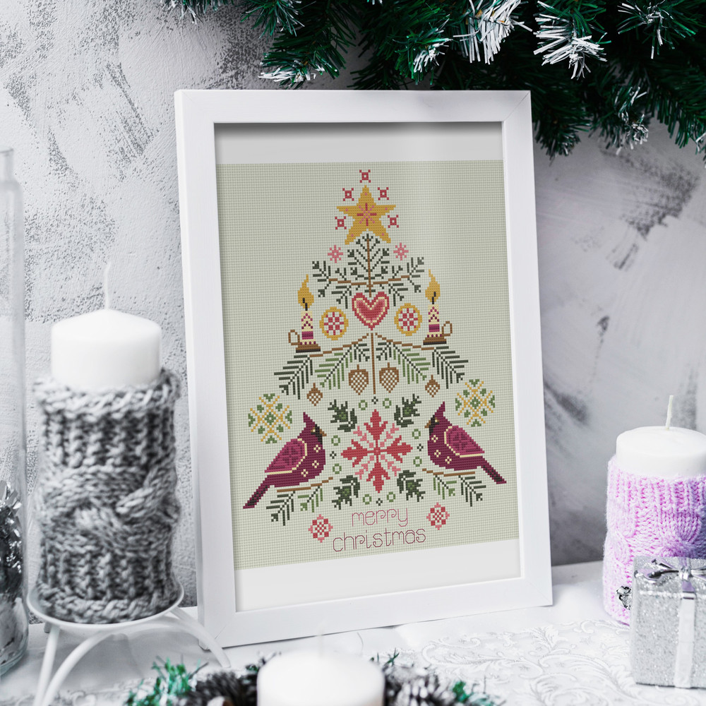 Cross Stitch Pattern Christmas Tree With Cardinals Simple Ornament PDF Instant Download 3
