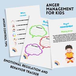 anger management planner for kids , anger control tips, emotional regulation and behavior tracker