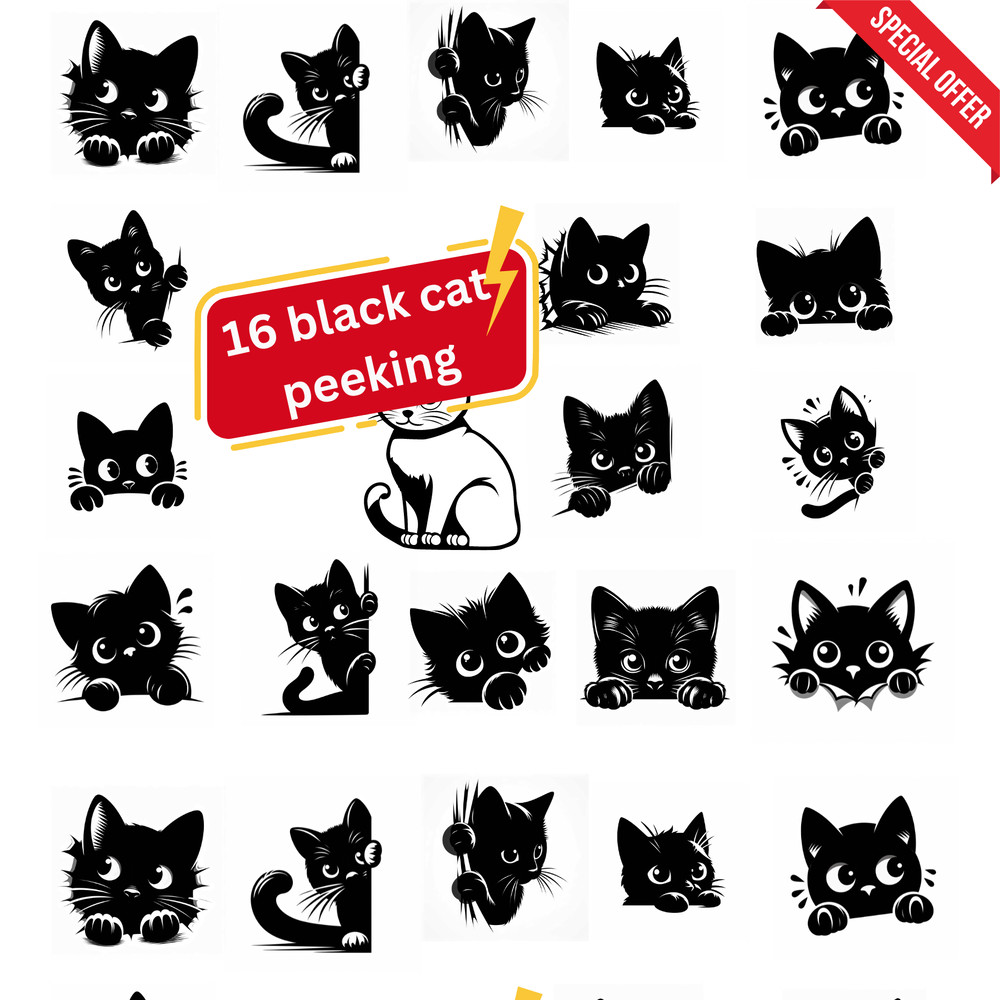 Black Cat Peeking Clipart PNG 300 DPI Digital Download For Crafts Stickers Tshirts Mugs Black Cat Black Cat PNG 0