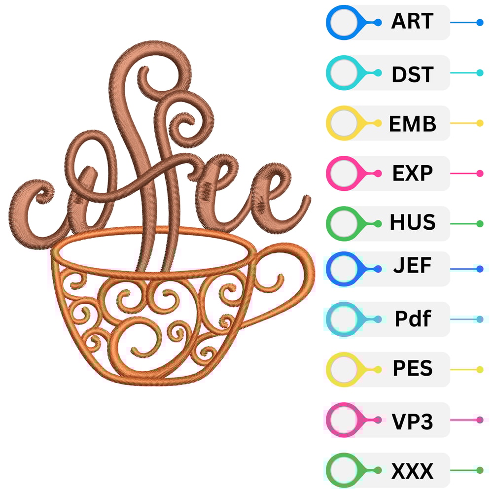 Coffee Embroidery Design MachineReady Files 10 Formats Instant Download Kitchen Decor Cafe Uniform DIY Craft 0