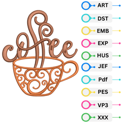 coffee embroidery design, machine-ready files, 10 formats, instant download, kitchen decor, cafe uniform, diy craft
