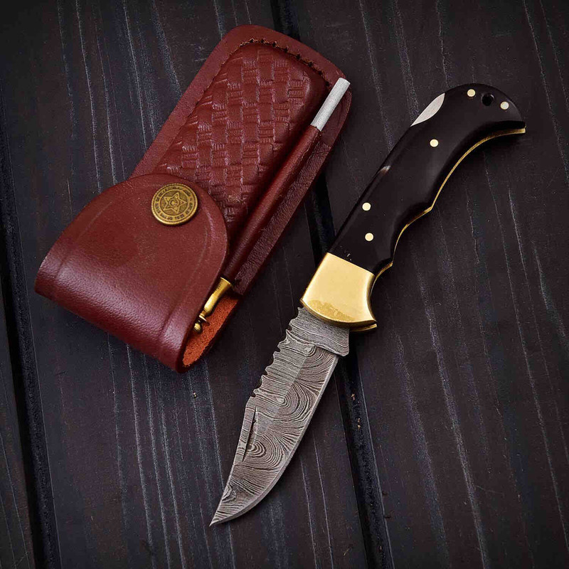 DAMASCUS POCKET FOLDING KNIFE WITH BULL HORN 0