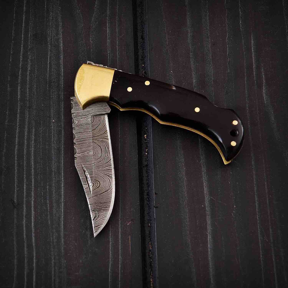 DAMASCUS POCKET FOLDING KNIFE WITH BULL HORN 2