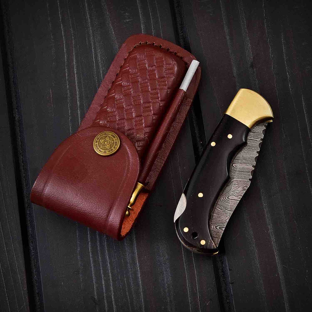 DAMASCUS POCKET FOLDING KNIFE WITH BULL HORN 4