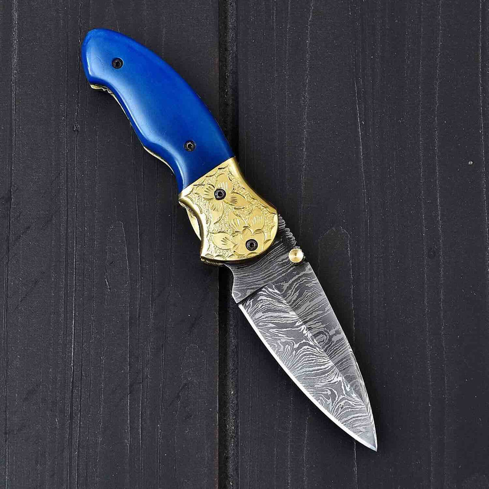 HANDMADE DAMASCUS LINER LOCK KNIFE WITH COLOURED BONE 1