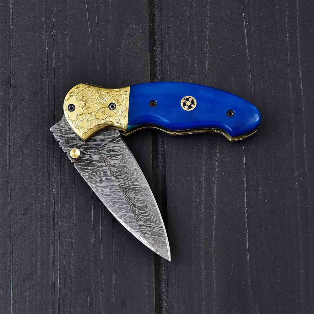 HANDMADE DAMASCUS LINER LOCK KNIFE WITH COLOURED BONE 2