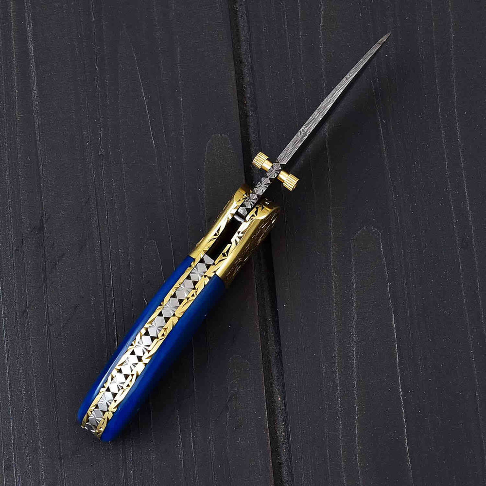 HANDMADE DAMASCUS LINER LOCK KNIFE WITH COLOURED BONE 3