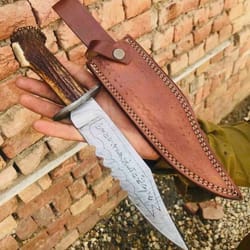 damascus steel ruby demon killing knife stag horn real antler handle etched blade with sheath - supernatural