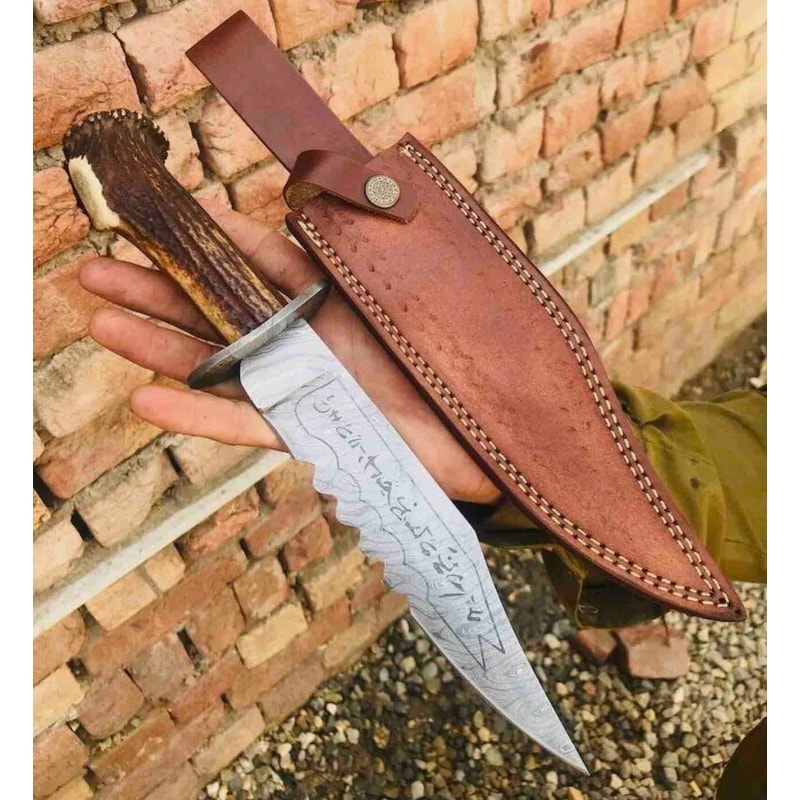 Damascus Steel Ruby Demon Killing Knife Stag Horn Real Antler Handle Etched Blade With Sheath Supernatural 0