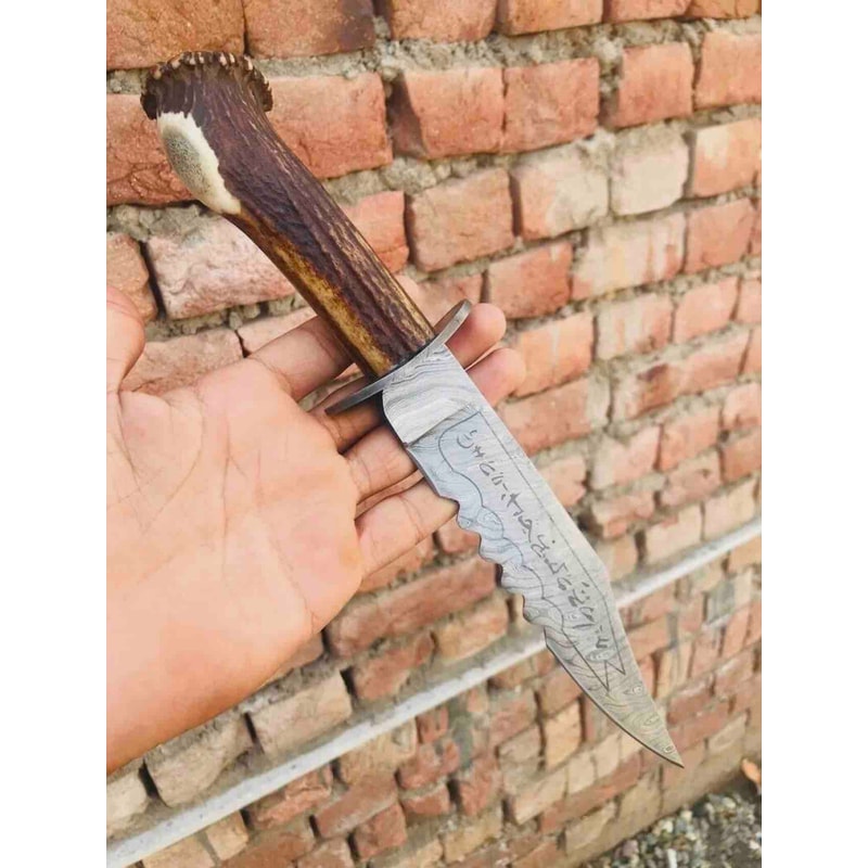 Damascus Steel Ruby Demon Killing Knife Stag Horn Real Antler Handle Etched Blade With Sheath Supernatural 1