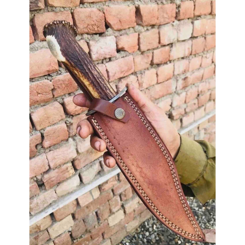 Damascus Steel Ruby Demon Killing Knife Stag Horn Real Antler Handle Etched Blade With Sheath Supernatural 2