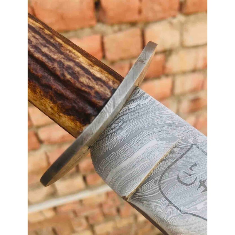 Damascus Steel Ruby Demon Killing Knife Stag Horn Real Antler Handle Etched Blade With Sheath Supernatural 3
