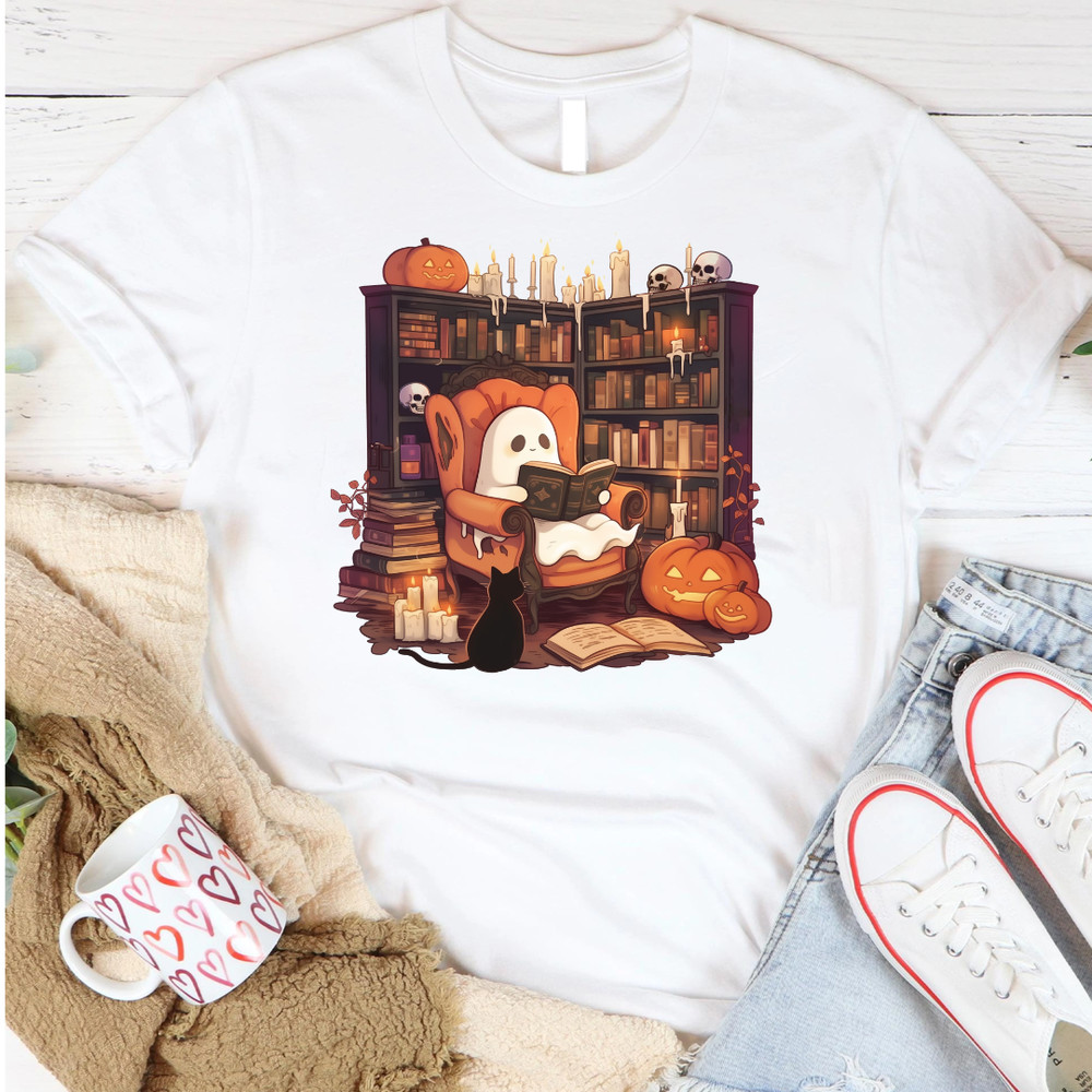 Retro Ghost Reading Books Librarian Ghost Halloween Halloween Teacher Boo School PNG 0