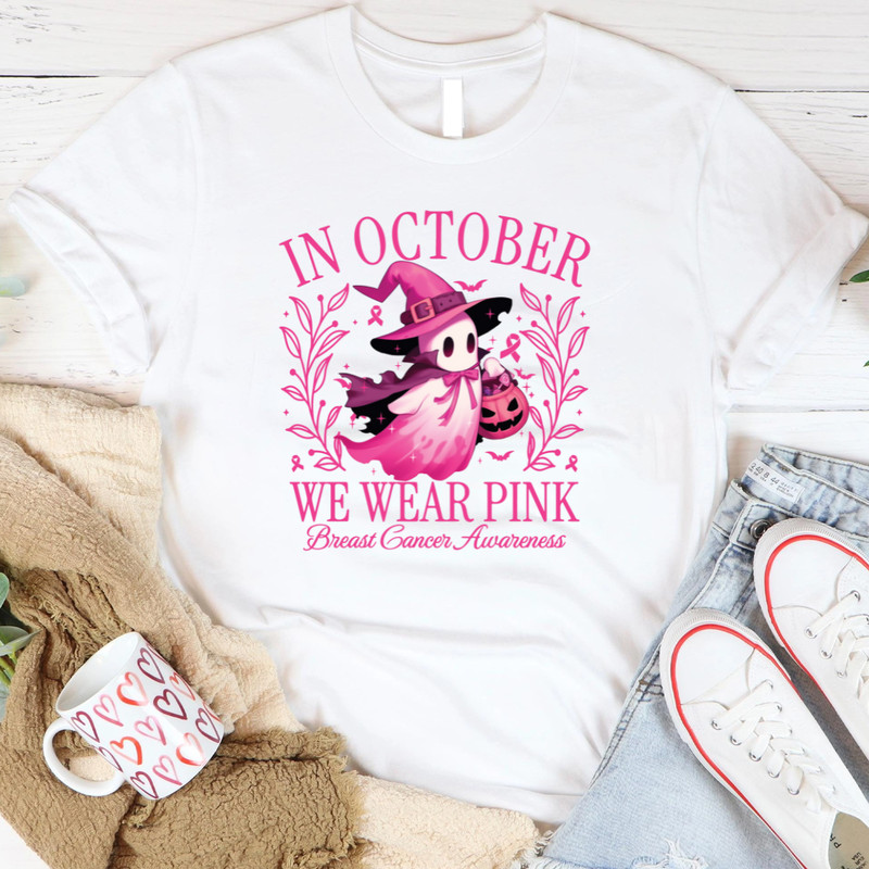In October We Wear Pink Ghost Halloween Breast Cancer Awareness Pink Ribbon PNG 0