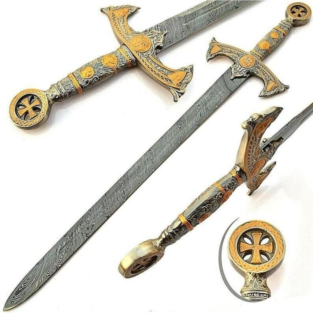 Handmade Damascus Steel Sword Knights Templar Medieval King Arthur Historical Sword 0