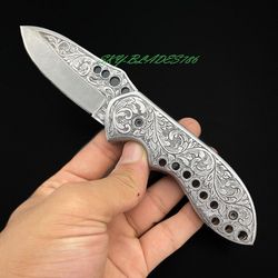 beautiful custom handmade d2 steel blade pocket knife with hand engrave.