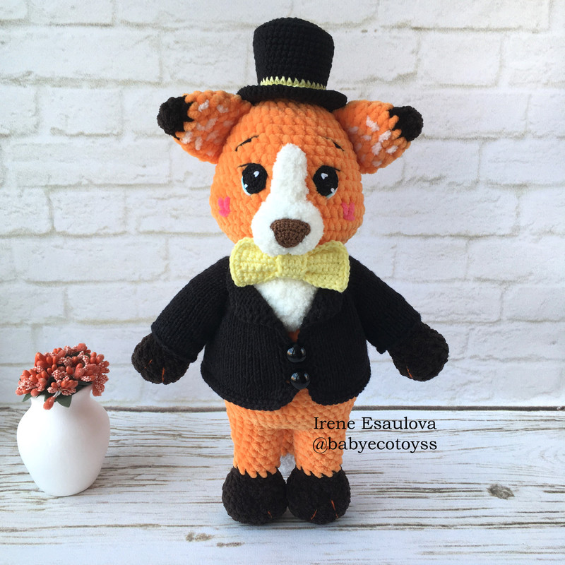 Crochet And Knitting Amigurumi Pattern Plush Fox Ferdy With Knitting Outfit 1