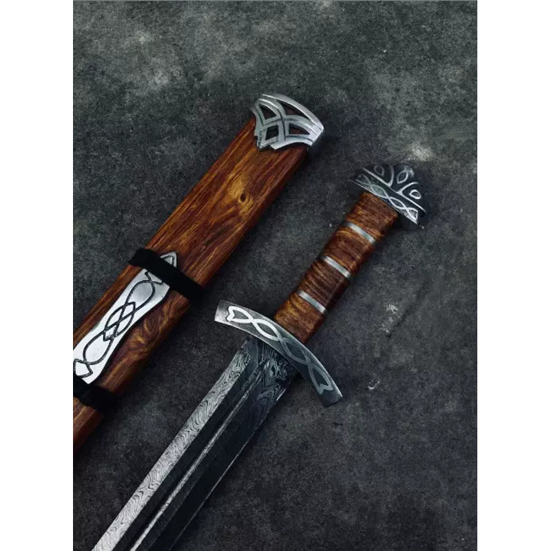 Full Tang Damascus Viking Wooden Godfred Northmen Sword With Scabbard 2