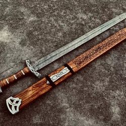 full tang damascus viking wooden godfred northmen sword with scabbard