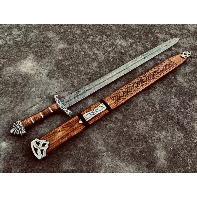 Full Tang Damascus Viking Wooden Godfred Northmen Sword With Scabbard 0