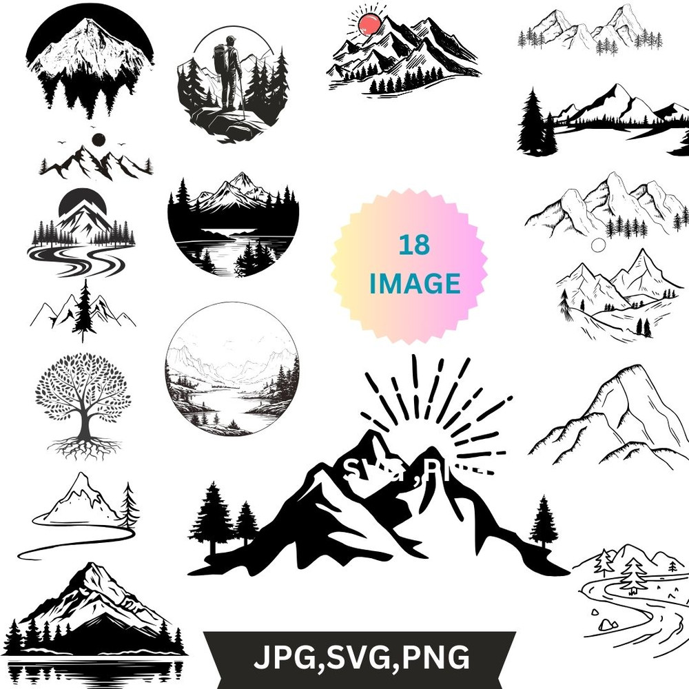 MEGA Mountains Svg Bundle Mountains And Trees SVG PNG Bundle Adventure Svg Mountain Svg Hand Drawn 0