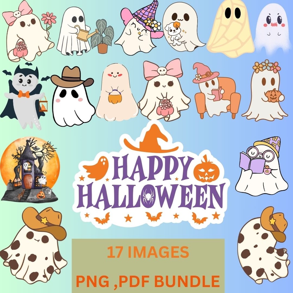 Cute Ghost Halloween PNG BundleSpooky Digital Art For Crafting DecorGhost Reading Svg Trending Png 0