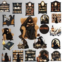 gothic reading, watercolor style illustrations. dark mysterious fantasy bookworm, book piles, girl with books.