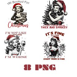 cute retro girl christmas sublimation set 8 png designs vintage holiday graphics for diy projects.