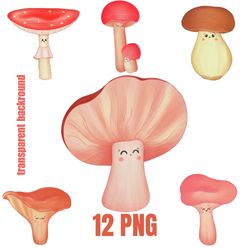 12 cute mushroom clipart set png formats.