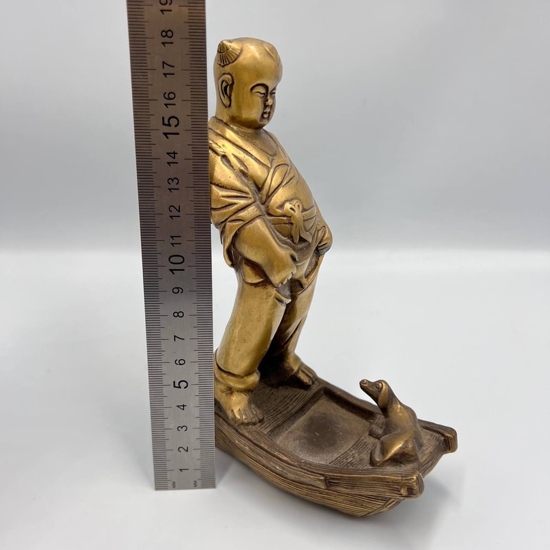 Heavy Vintage Collectible Bronze Brass Figure Statue Japanese Boy With Dog 1