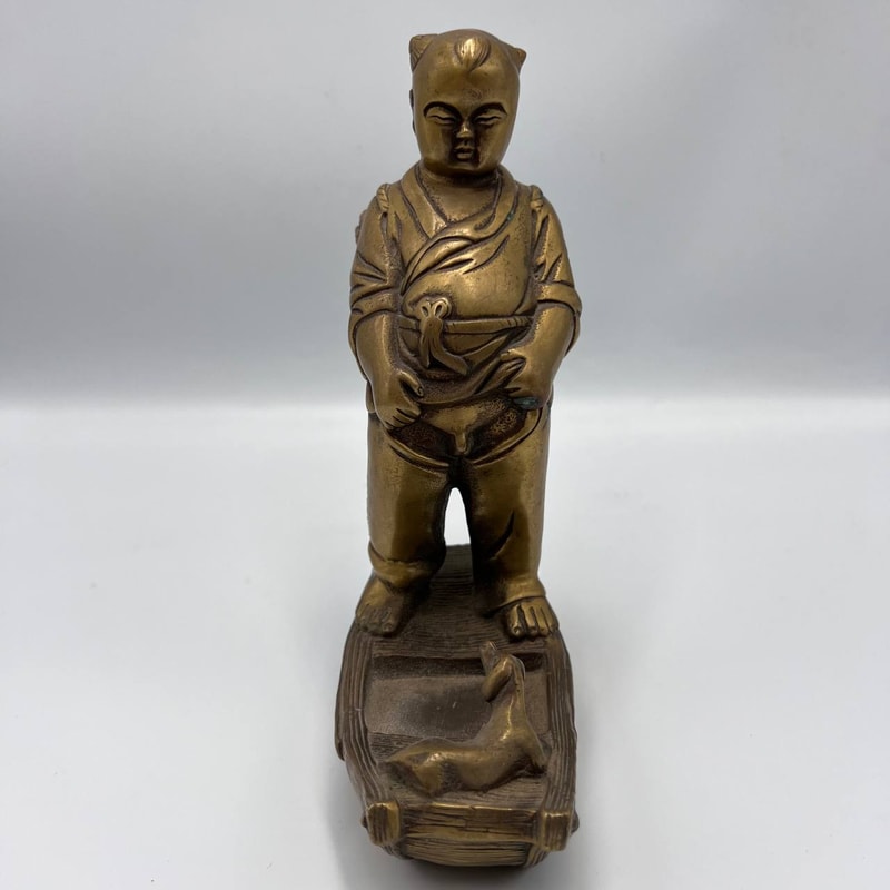 Heavy Vintage Collectible Bronze Brass Figure Statue Japanese Boy With Dog 2