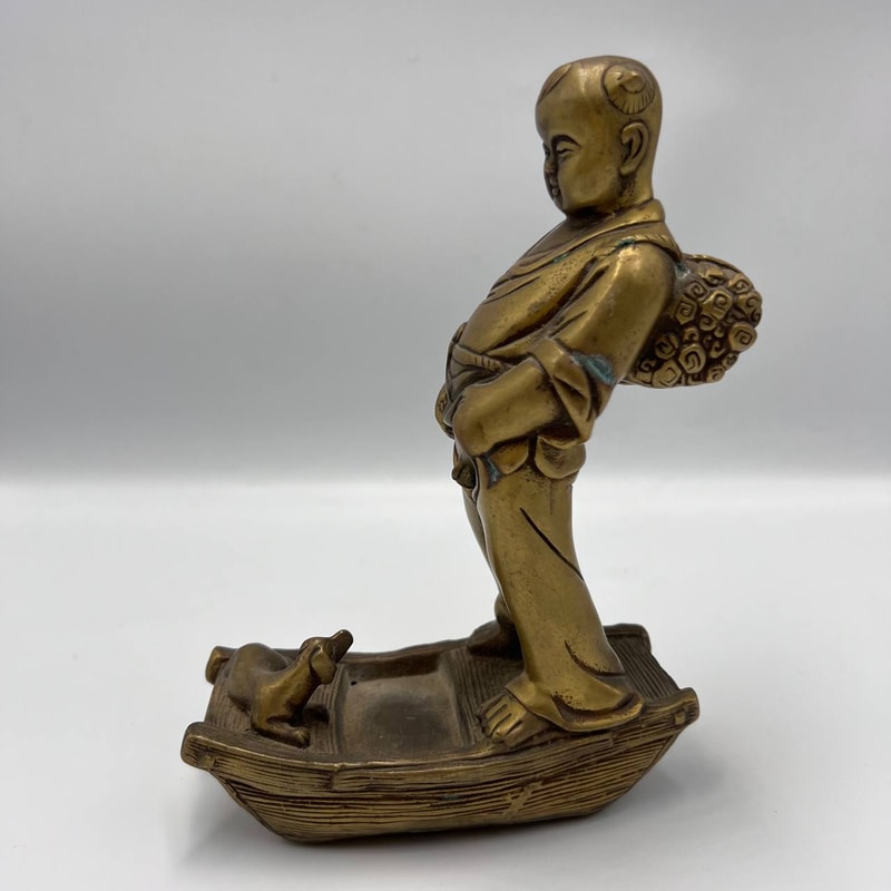 Heavy Vintage Collectible Bronze Brass Figure Statue Japanese Boy With Dog 6