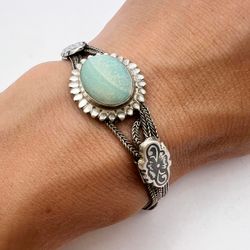 vintage niello silver 900 womens chain bracelet jewelry larimar stone marked 21g