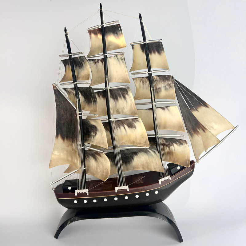1981 Large Vintage USSR Model Of Ship Sailing Handmade Horn Souvenir Signed 16 1