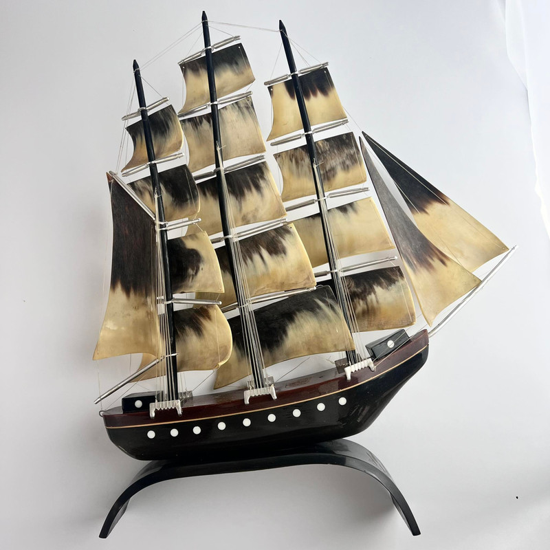 1981 Large Vintage USSR Model Of Ship Sailing Handmade Horn Souvenir Signed 16 2