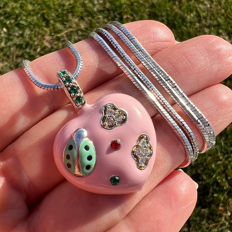 Designer Huge Vintage Sterling Silver 925 Jewelry Chain Necklace Pendant Heart Enamel Italy 0