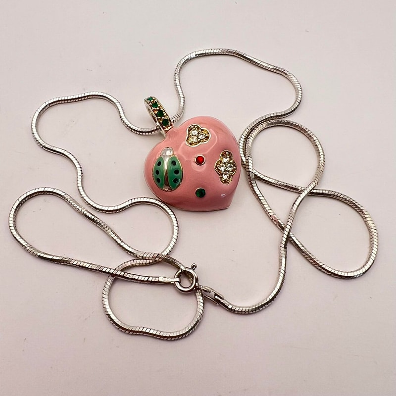 Designer Huge Vintage Sterling Silver 925 Jewelry Chain Necklace Pendant Heart Enamel Italy 1