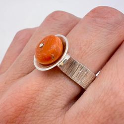 natural undyed orange coral gemstone sterling silver 925 women's jewelry ring s7